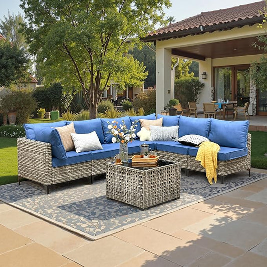7 Piece Outdoor Patio Furniture with Glowing Coffee Table, Rattan Wicker Conversation Set with Sofa, Sectional Single Chairs for Outside Porch Balcony Backyard Pool,Light Blue