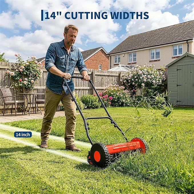 14" 5-Blade Push Reel Lawn Mower, Manual Push Mower with Adjustable Cutting Height, Compact Lawnmower for Small to Medium Yard and Field, Lightweight Hand Reel Push Mower, Red - Image 2