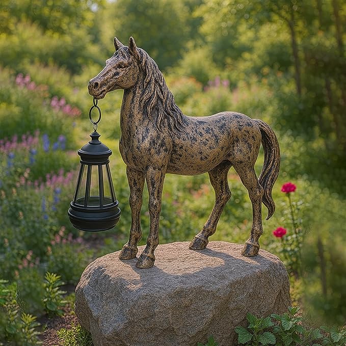 Horse Garden Statue with Lantern 7.5x6.8 inch, Solar Lighted Outdoor Figurine Sculpture for Yard Lawn Patio Farmhouse, Whimsical Home Decor, Gift for Housewarming Birthday Christmas (Bronze Color)