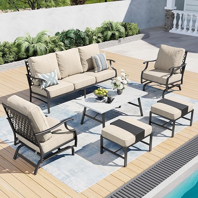 Patio Furniture Set, Modern Metal Outdoor Patio Furniture, 3 Seater Sofa, 2 Rocking Chairs, 2 Ottomans, Coffee Table and 5.75" Extra Thick Cushion, Patio Conversation Set for Backyard