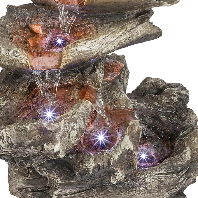 Alpine Corporation WIN1087 Indoor/Outdoor Floor Waterfall Fountain with LED Lights, 5-Tiered Rainforest Fountain 22", Brown