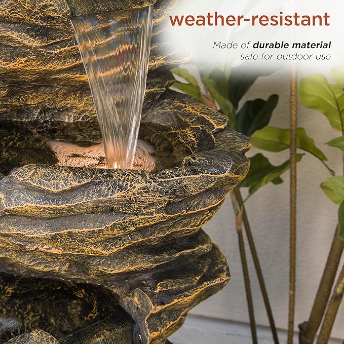 Alpine Corporation 39" Tall Outdoor 5 Tiered Natural Look Rock Water Floor Fountain with Replaceable Lights, Brown