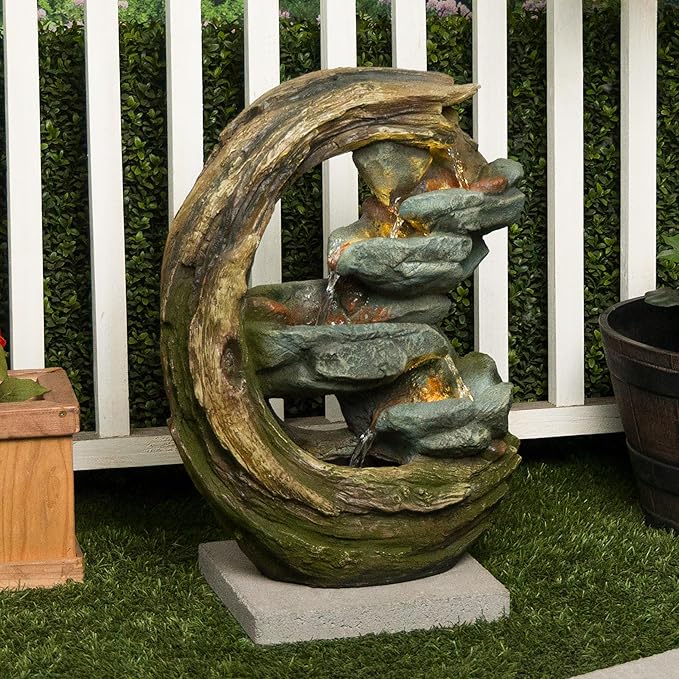 Alpine Corporation WIN1554S Outdoor Curved Trunk and Stone Floor Fountain with Warm White LED Lights, Tiered Garden Decor, 24" H, Brown