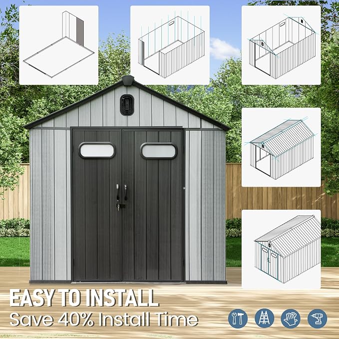 Domi 8x16 FT Outdoor Resin Storage Shed, All-Weather Double-Wall Storage Building with Lockable Doors and Ventilated Roof, Ideal for Lawn Tools, Bikes, Mowers, and Pool Equipment, Grey - Image 9