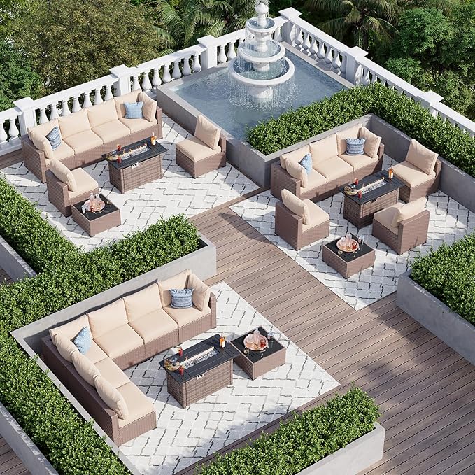 Aoxun 8 Piece Patio Furniture Set with 44” Fire Pit Table, Wicker Rattan Patio Sectional Sofa, Outdoor Furniture Set with Thickened Cushion, Light Gray
