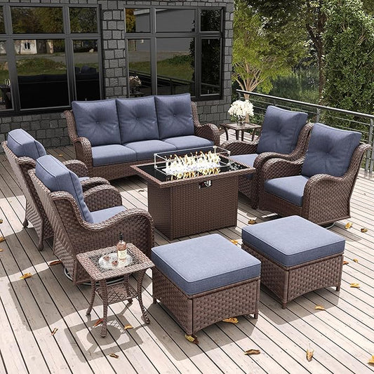 LayinSun 10Pcs Patio Furniture Set with Fire Pit Table, Rattan Wicker Swivel Rocker Chairs, Glider, Single Chairs, Ottomans & Coffee Table (Brown/Navy), Modern Style