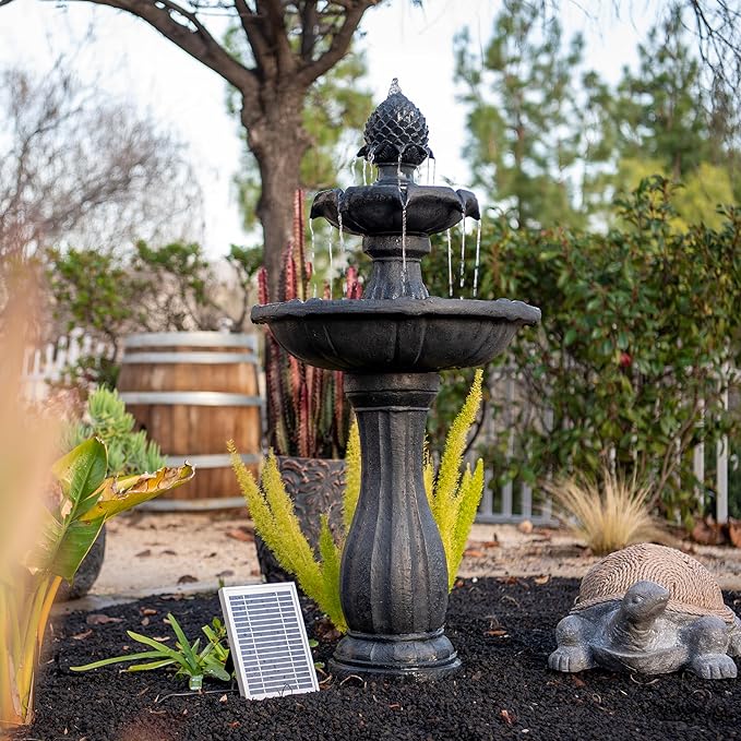 XBrand 44" Solar Powered 2-Tier Outdoor Water Fountain, Fiberglass Resin Fountain with Solar Panel and Auto Shut-Off Pump, Black
