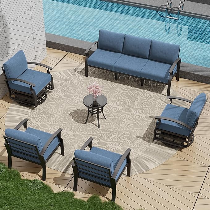 Patio Furniture Set 6-Piece Aluminum Armrest Sofa, All-Weather Patio Conversation Set with Tempered Glass Top Table & Removable Sponge Cushions for Backyard Poolside