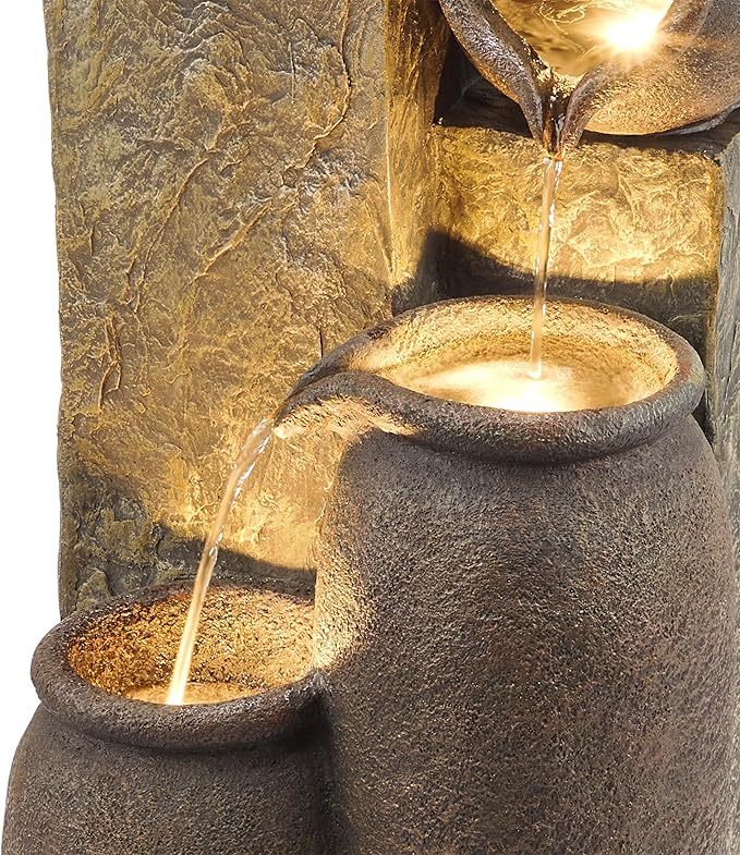 Alpine Corporation GIL140 43" Tall Indoor Outdoor Pottery Fountain with Replaceable LED Lights, Water Feature for Garden, Patio, and Home Decor, Brown