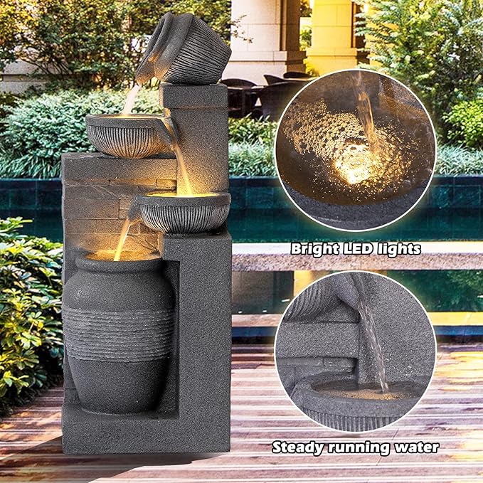 Grepatio Outdoor 4-Tiers Water Fountain, Garden Cascading Waterfalls Fountain with LED Lights, 32" H Modern Indoor/Outdoor Bowl Waterfall Feature Water Fountains for Garden, Patio, Yard Decor (Grey)
