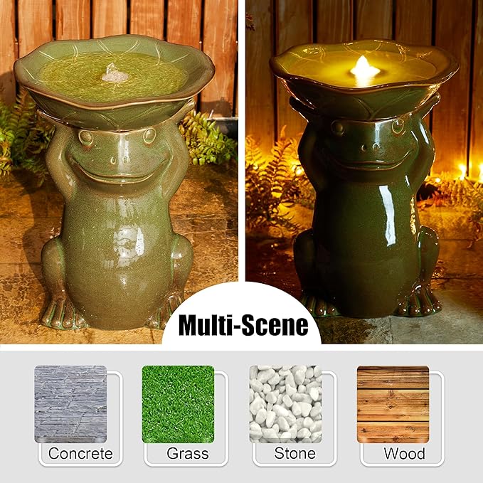 Glitzhome 21.5" H Olive Green Frog Hold a Lotus Birdbath Ceramic Outdoor Water Fountain with LED Lights and Pump, Lively Frog Statue Birdbath Fountain for Porch Deck Garden Patio Backyard