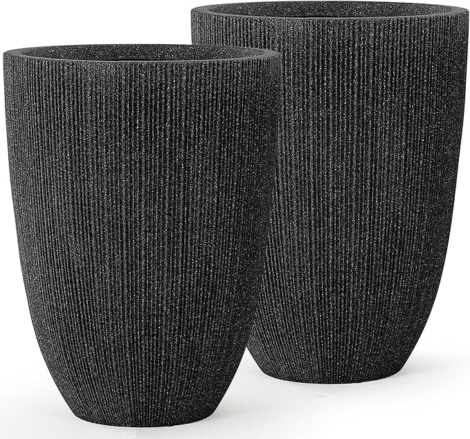 19" Concrete-Style Tall Round Planters for Indoor Outdoor Plants, Set of 2 Decorative Fluted Large Flower Pot, UV-Resistant Top-Tier Resin Planters for Garden Patio Porch Home Office Decor
