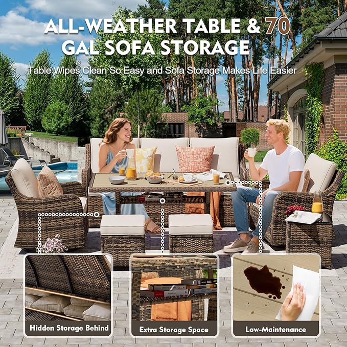MEISSALIVVE 7 Pieces Patio Furniture Set with Swivel Chairs, Wicker Patio Conversation Set, Outdoor Patio Set with 2 Swivel Rocking Chair & Sofa, 2 Ottomans and Dining Table (Brown)