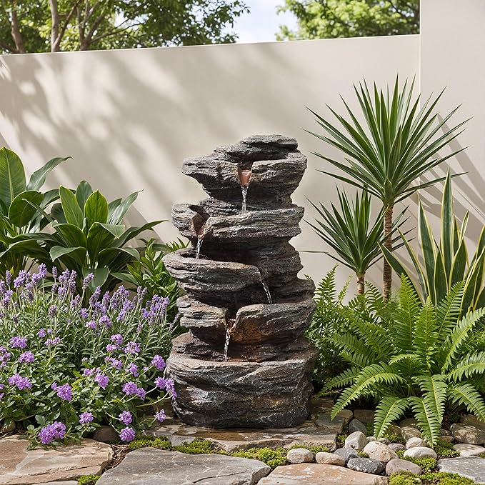19.7" Tall Outdoor Water Fountain, 5 Tier Cascading Bowls and Stacked Water Fountain with LED Lights, for Yard Décor, Backyard, Patio and Deck (19.7'')