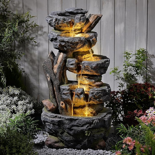47.2" Tall Outdoor Water Fountain 5-Tier Large Cascading Waterfall Fountain Realistic Rock & Tree Trunk Design with LED Lights, Relaxing Water Flow for Garden, Patio, Backyard & Porch Decor