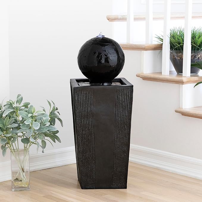Alpine Corporation GIL786 Outdoor Floor Modern Sphere and Pedestal Soothing Waterfall Fountain for Garden 33", Black
