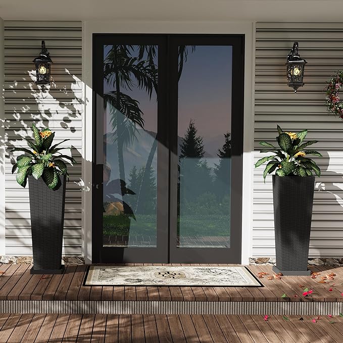 2 Pack Large Planters for Indoor Plants, Outdoor 24 inch Tall Planter with Removable Liners, Plant Pots for Trees Flowers, All-Weather Use with Drainage Holes & Saucers for Porch, Patio, Black