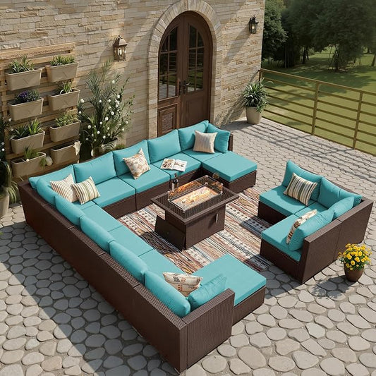 BULEXYARD 15 Piece Highback Wicker Patio Furniture Sets with Firepit, All-Weather Heavy Duty Outdoor Conversation Set Modular, Extra Deep Wide 14-Seats Sectional Couch Sofa for Backyard, Brown & Teal