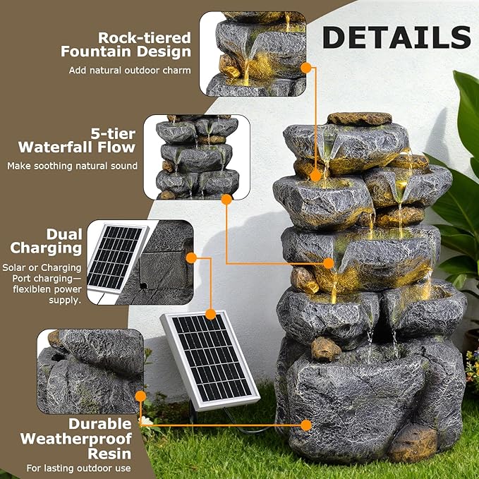 5 Tiered Solar Powered Water Fountain, Solar Water Fountain Outdoor Garden Cascading Rock Water Fall Fountains Outside with Lights for Backyard, Patio, Deck, Porch, 24" H x 13.39" L x 9.6" W