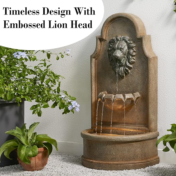 Glitzhome 3-Tier Outdoor Water Fountain with LED Light, Oversized Vintage European Style Lion Head Waterfall Fountains, Rustic Faux Granite Fountain for Garden Patio Deck Porch, 31.75”H