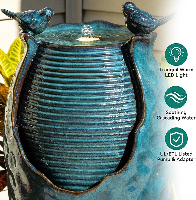24.8" H Ceramic Jar Outdoor Water Fountain with LED Lights & Bird Accents, Elegant Turquoise Glaze with Bubble-Like Texture, Decorative Garden Water Feature