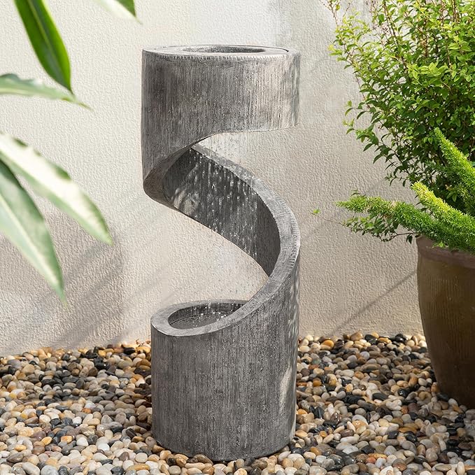 Glitzhome Outdoor Fountain with LED Light, Spiral Water Fountain Outdoor with Stone Planter, Modern Curved Waterfall Fountains Water Feature for Garden Patio, 31.3”H