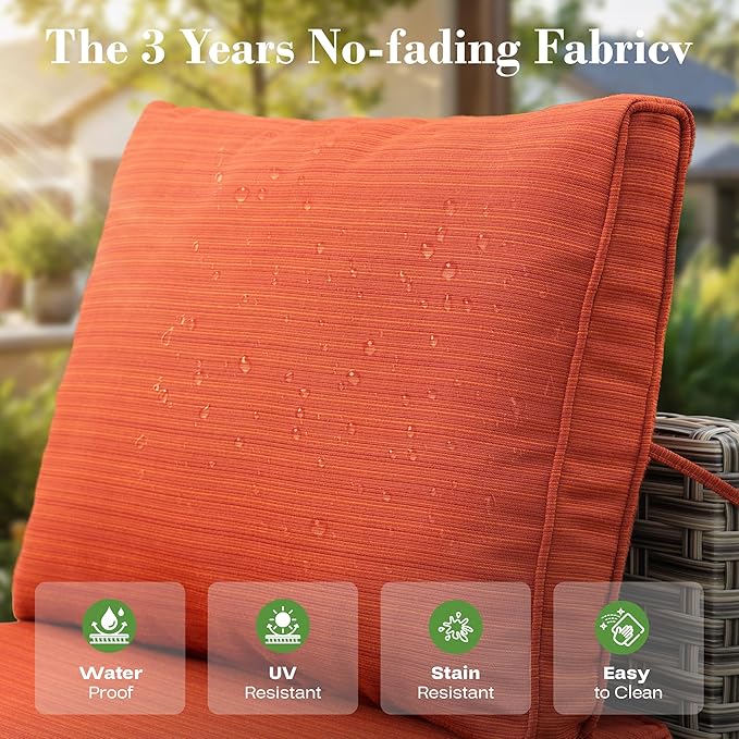 8 Pcs Patio Furniture with Fire Pit Table, Outdoor Rattan Wicker Conversation Set with Glowing Coffee Table, Comfy Sectional Sofa for Porch Balcony Backyard Pool, Orange
