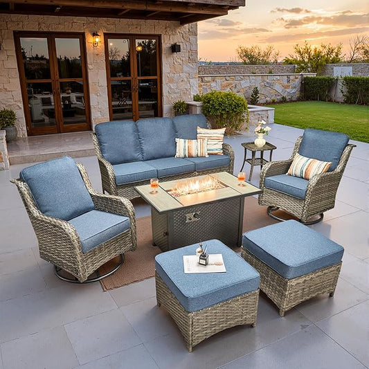 ovios 7-Piece Patio Furniture Set with Swivel Chairs Coffee Table, Outdoor Wicker Sofa with 42" Fire Pit Table, High Back Couch Modern Conversation Sets, Grey/Denim Blue