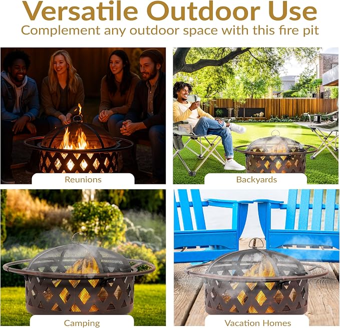 Sunnydaze Crossweave Outdoor Fire Pit - Wood-Burning Fire Pit for Outside with Spark Screen, Poker and Round Cover - 30-Inch - Bronze - Image 6