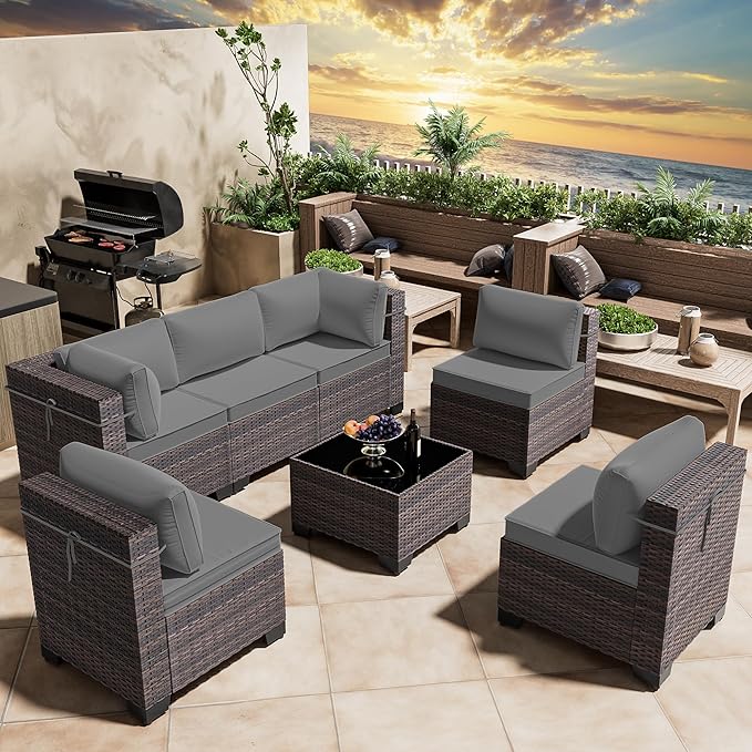 7 Pieces Outdoor Patio Furniture Set,Outdoor Sectional Furniture All Weather PE Rattan Wicker Patio Conversation Set with Coffee Table and 6 Thickened Cushions,Grey