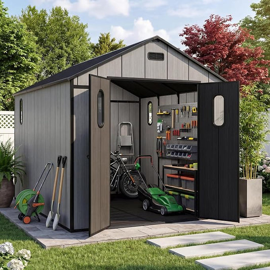 Domi 8x14Ft Resin Outdoor Storage Shed with Floor, Plastic Garden Storage Shed, Outside Weatherproof Storage Building for Tools, Bike, Lawn Mower, Patio, Backyard by domioutdoorliving