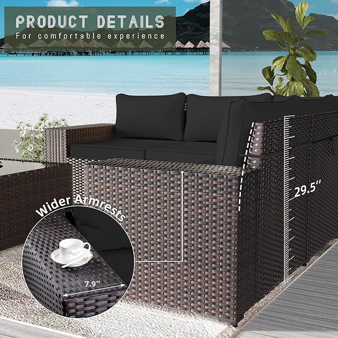 12 PCS Outdoor Patio Furniture Set,Outdoor Sectional Furniture All Weather PE Rattan Wicker Patio Conversation Set with 2 Coffee Tables and 10 Thickened Cushions,Black
