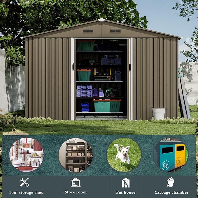 10FT x 8FT Outdoor Storage Shed, Waterproof Lockable Door Metal Tool Shed with Sliding Door and Ventilation, Gardening Tool Storage Room, Metal Storage Shed for Gardens and Lawns - Image 3