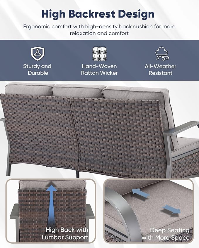 HUMMUH Patio Conversation Sets with Fire Pit-All Weather Wicker Outdoor Swivel Chair with Patio Couch Outdoor Patio Furniture for Deck Porch Garden Poolside Backyard-Brown/Grey