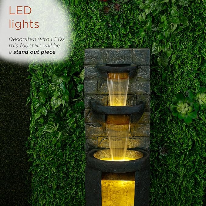Alpine Corporation TZL384 Outdoor 3 Tier Water Fountain with LED Lights for Garden, Patio, Lawn and Yard Spaces, 51" H, Gray