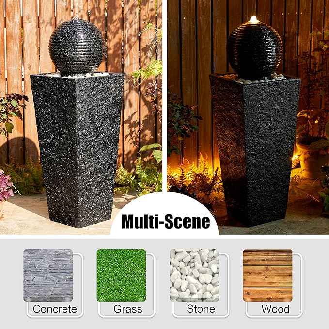 Glitzhome Outdoor Water Fountain with LED Light, Oversized Decorative Black Pedestal Water Fountains with Submersible Pump, Modern Sphere Floor Fountain with Pebbles for Garden Patio Decor, 40.25" H