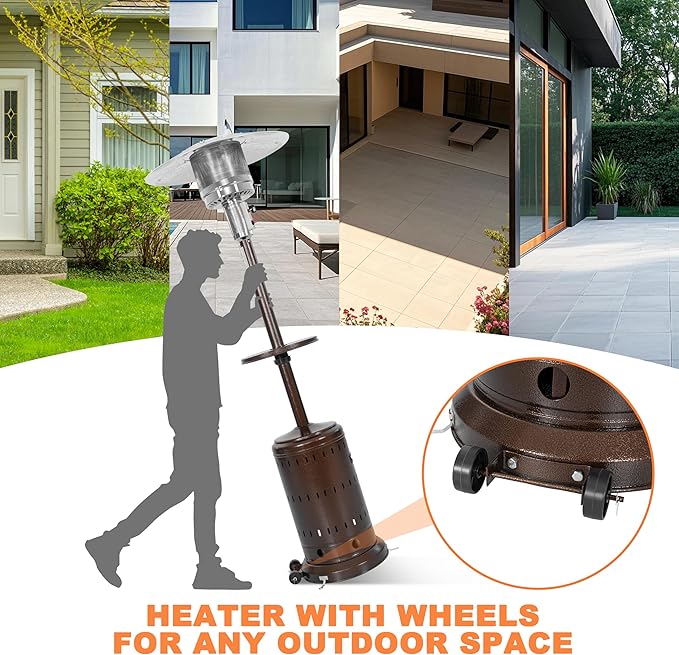 Nuu Garden Outdoor Propane Gas Patio Heater with Liftable Drink Stand and Wheels, 304 Stainless Steel Burner Patio Heater for Backyard, Garden, Porch, Brown