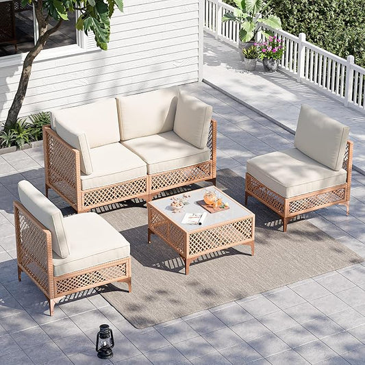 Vikiullf Patio Conversation Set, 5 Piece Outdoor Sectional Sofa Set with Coffee Table, Wicker Bistro Set with Thick Cushions, for Garden, Backyard, Poolside (Beige)