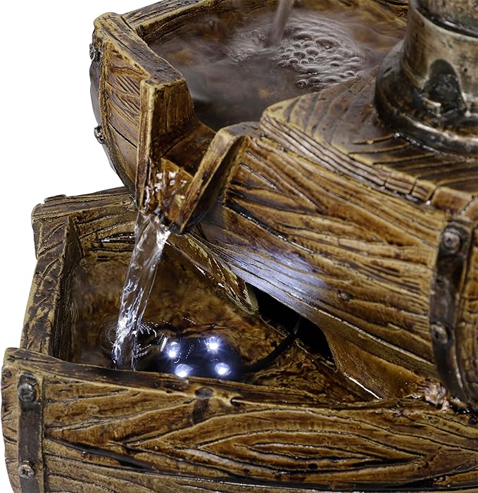 Alpine Corporation WIN826 14” Vintage Water Pump Tabletop Fountain with 2-Tiered Barrel Design & LED Lights – Decorative Indoor Water Feature for Home & Office, Brown
