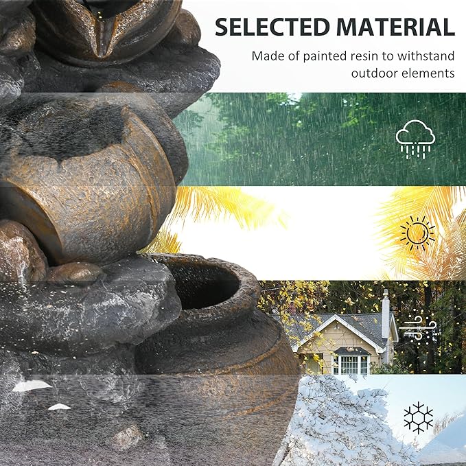 Outsunny 28.3" Tall Solar Powered Outdoor Water Fountain, 4-Tier Floor Standing Resin Cascading Jars and Stacked Stones Waterfall Fountain with LED Lights and Pump for Garden, Patio, Backyard