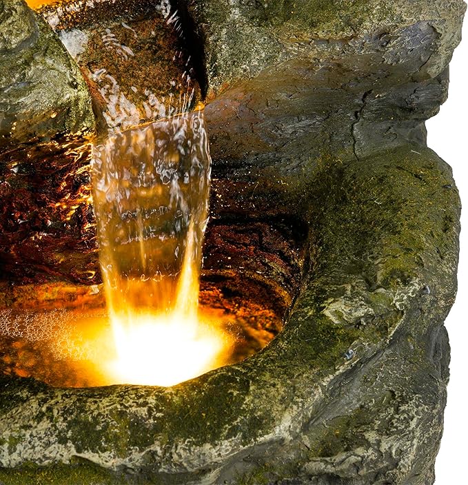 Alpine Corporation WIN1092 Outdoor Multitiered Rock Waterfall Floor Fountain with Warm White LED Lights, 51" Tall, Brown