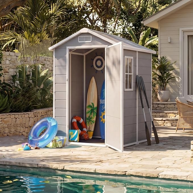 Resin Outdoor Storage Sheds 4x6 ft, Upgraded Double-Wall Outdoor Plastic Shed with Window & Double Doors, Waterproof Lockable Garden Shed (Light Gray, 4 X 6 ft) - Image 6