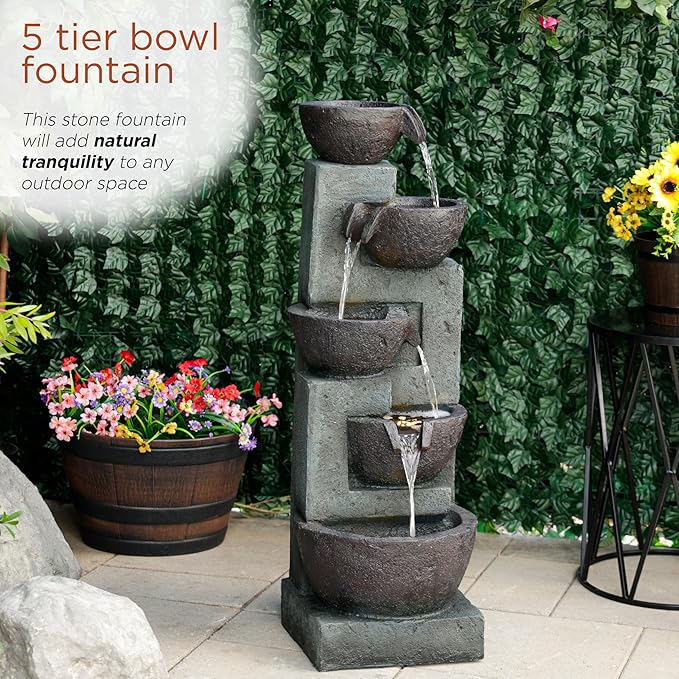 Alpine Corporation 39" Tall 5-Tier Bowls Waterfall Fountain with LED Lights, Elegant Outdoor Water Feature for Garden, Patio, Yard, Gray