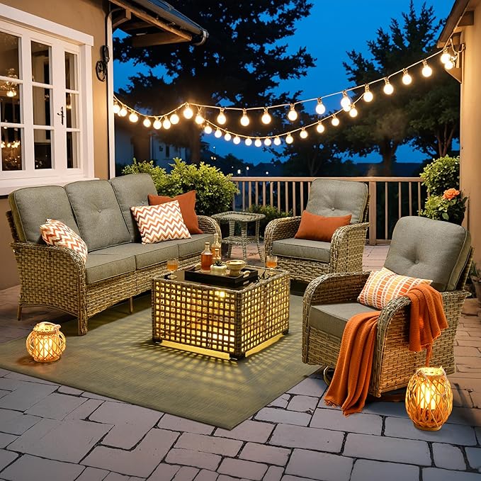 HOOOWOOO Outdoor Patio Furniture Set with Light Table,5 Pieces Wicker Conversation Set,All Weather High Back Couch Sofa Swivel Chairs Set,Charcoal Gray