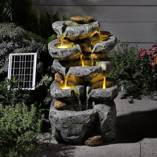 5 Tiered Solar Powered Water Fountain, Solar Water Fountain Outdoor Garden Cascading Rock Water Fall Fountains Outside with Lights for Backyard, Patio, Deck, Porch, 24" H x 13.39" L x 9.6" W