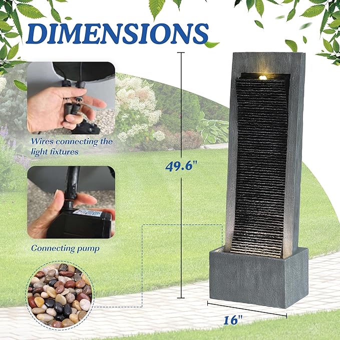 49.6" H Waterfall Fountains Outdoor Garden - Water Fountains and Waterfalls Outside, Large Indoor Floor Standing Resin Fountain Features W/Pump LED Light Cobbles for Patio, Home Art Decor