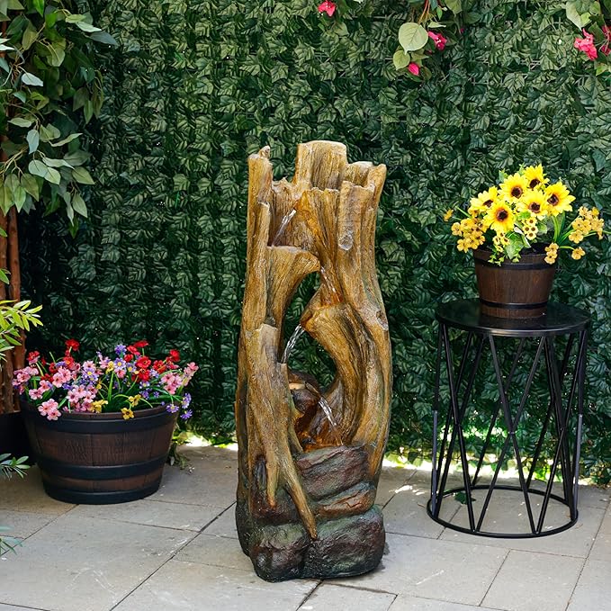 Alpine Corporation 39" Tall Cascading Tree Trunks Waterfall Fountain with LED Lights, Outdoor Floor Water Feature with Rustic Natural Wood Look, Garden, Patio, Lawn & Backyard Decor, Brown