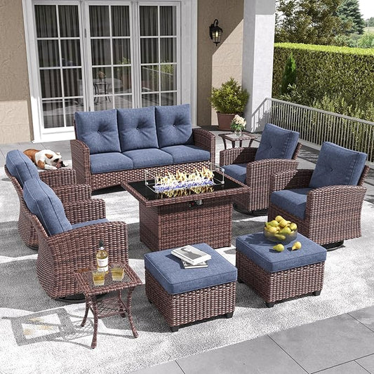 LayinSun 10 Pieces Patio Furniture Set with Swivel Chairs, Rattan Wicker Rocking Glide Chairs with 44" Propane Gas Fire Pit Table Conversation Set