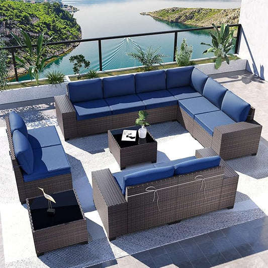 Kullavik Outdoor Patio Furniture Set,12 Pieces Sectional Rattan Sofa Set Brown PE Rattan Wicker Patio Conversation Set with 10 Seat Cushions and 2 Tempered Glass Coffee Table,Navy Blue