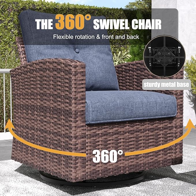 LayinSun 10 Pieces Patio Furniture Set with Swivel Chairs, Rattan Wicker Rocking Glide Chairs with 44" Propane Gas Fire Pit Table Conversation Set
